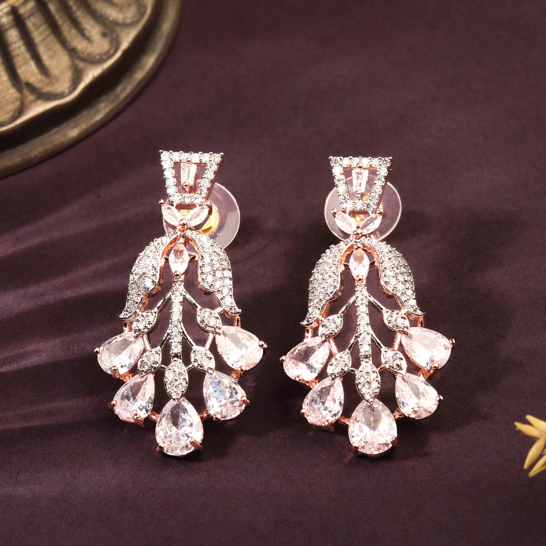 Rose Gold Plated Enchanting White CZ Contemporary Earring For Women