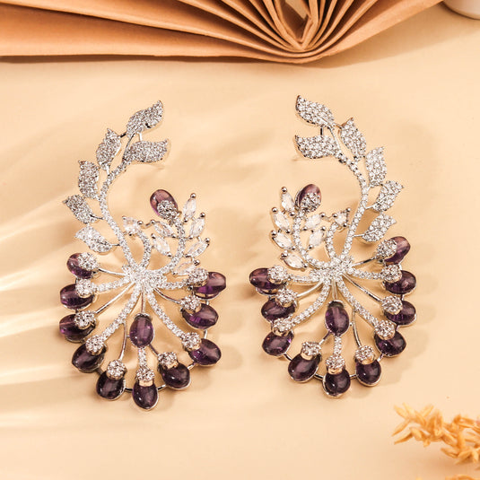 Extravagant Rhodium Plated White CZ Earring With Studded Violet Beads Earring For Women