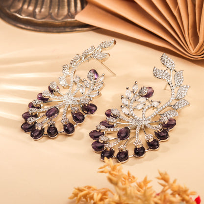 Extravagant Rhodium Plated White CZ Earring With Studded Violet Beads Earring For Women