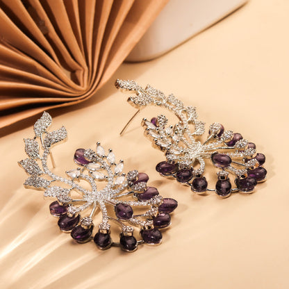 Extravagant Rhodium Plated White CZ Earring With Studded Violet Beads Earring For Women