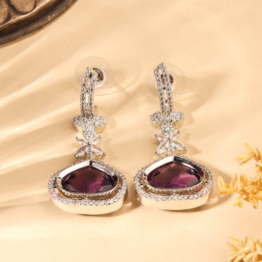 Breathtaking Rhodium Plated Violet and White CZ Studded Contemporary Earring