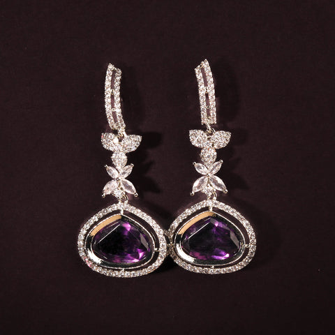 Breathtaking Rhodium Plated Violet and White CZ Studded Contemporary Earring