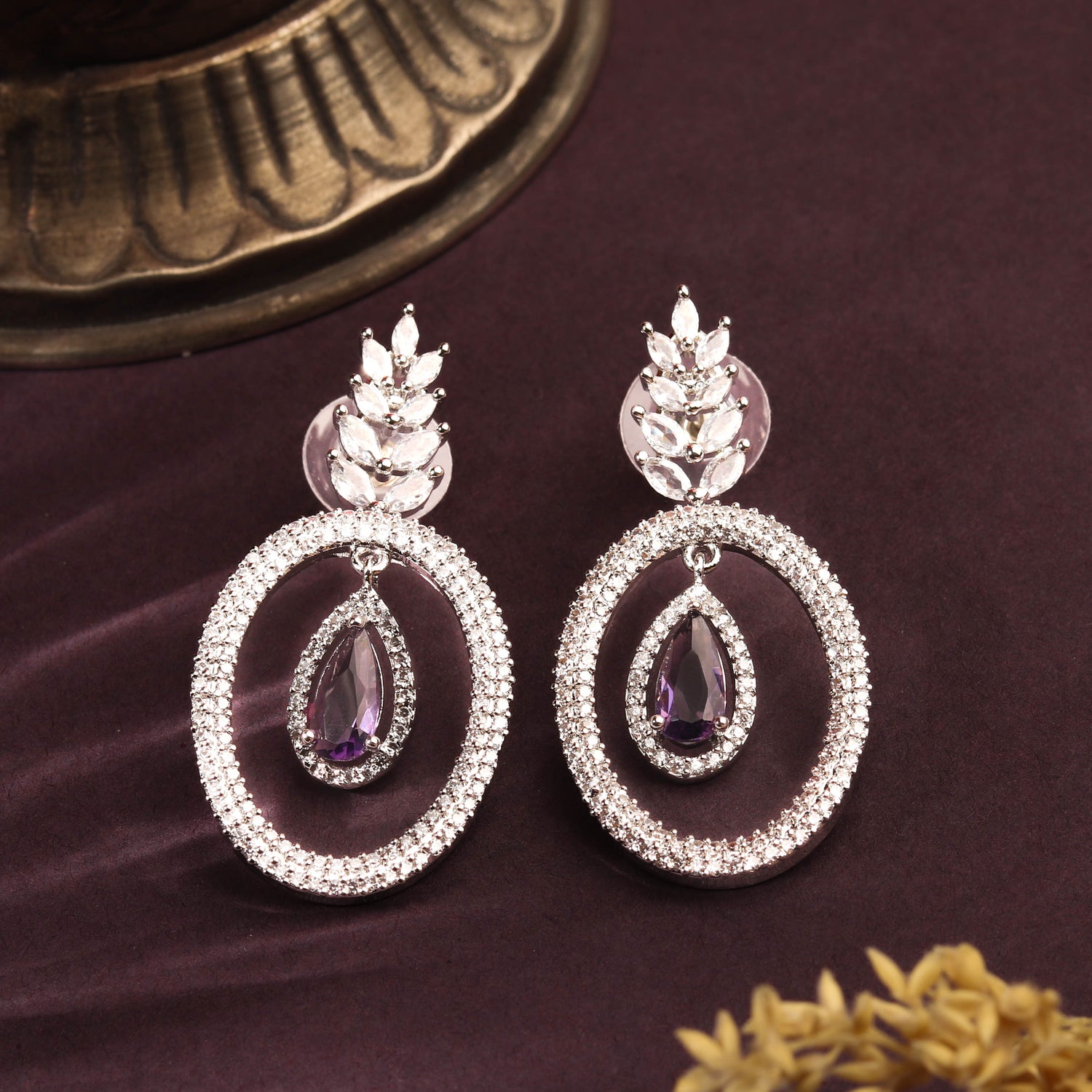 Serene Rhodium Plated Violet and White Studded CZ Contemporary Earring