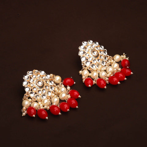 Adorable Kundan With Pearls and Red Beads Earrings For Women