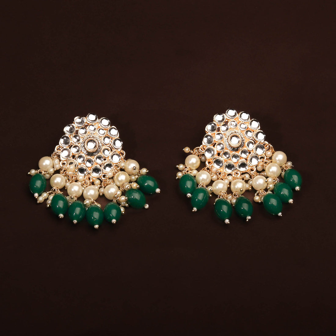 Elegant Kundan With Pearls and Emerald Green Beads Earrings For Women