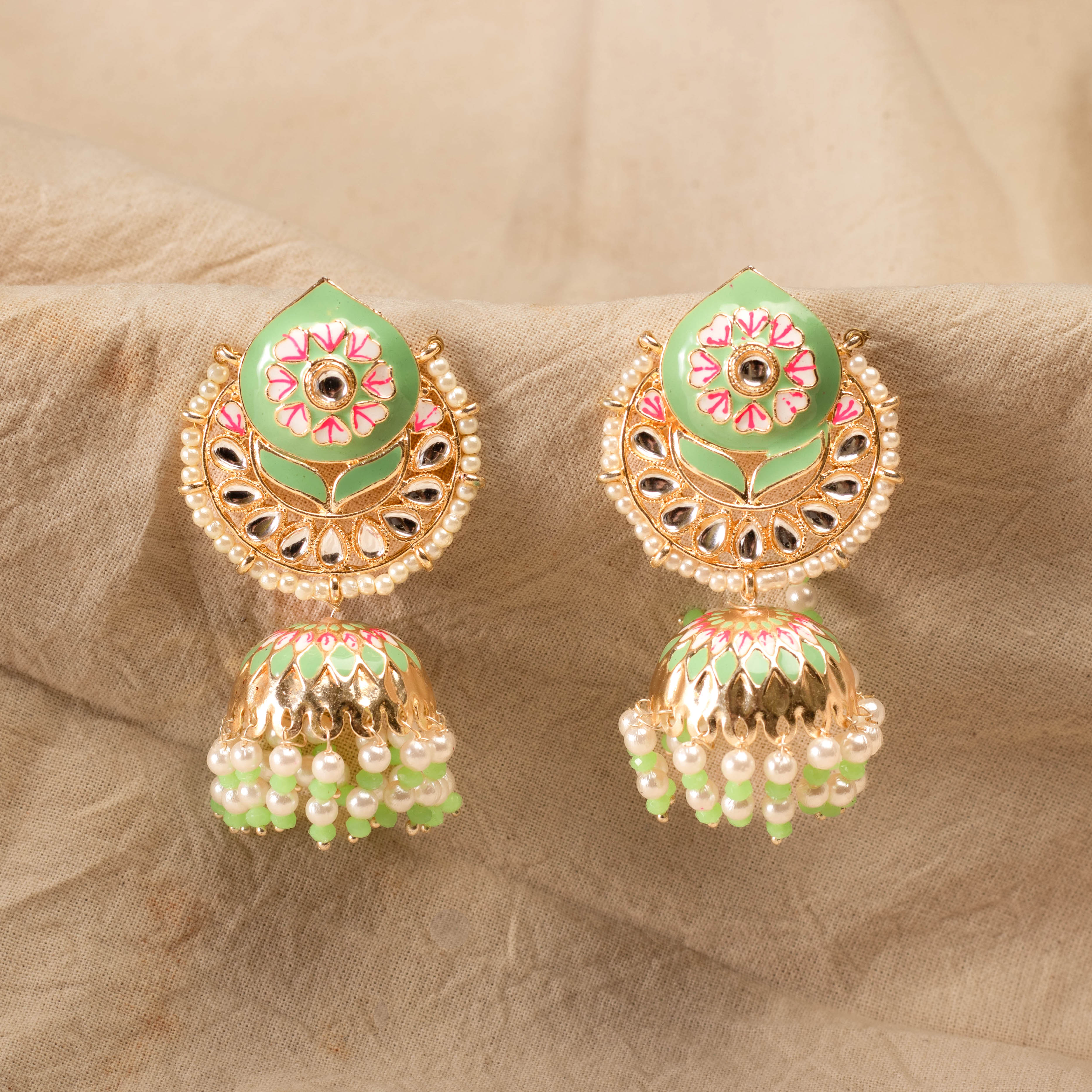 Irresistible Gold Plated With Green and White Jhumka Earring For Women