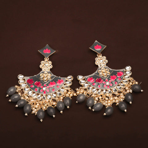 Adorable Ash and Pink Colour Chandbali With Pearls and Beads Earrings For Women