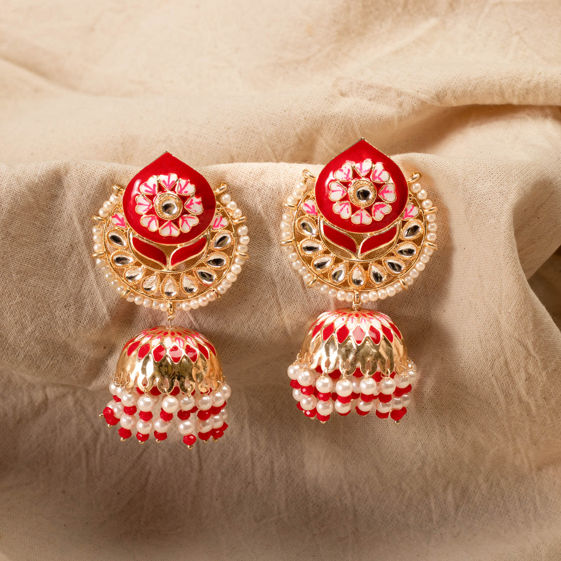 Elegant Gold Plated Red and White Colour Jumka Earring For Women