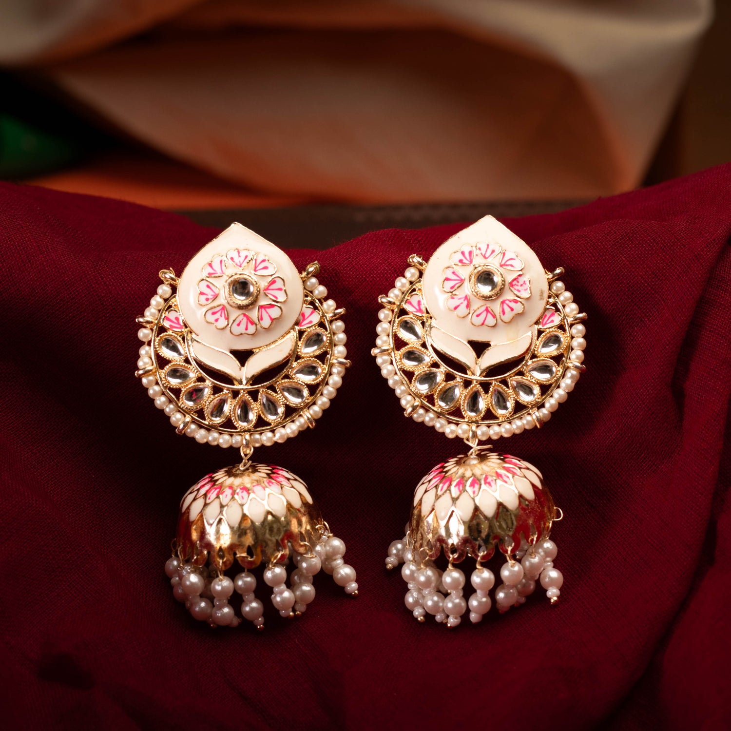 Heavenly Gold Plated With White and Pink Jhumka Earring For Women