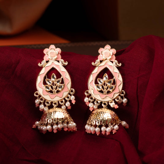 Meticulously Crafted Blush Pink and White Jhumka Earring For Women