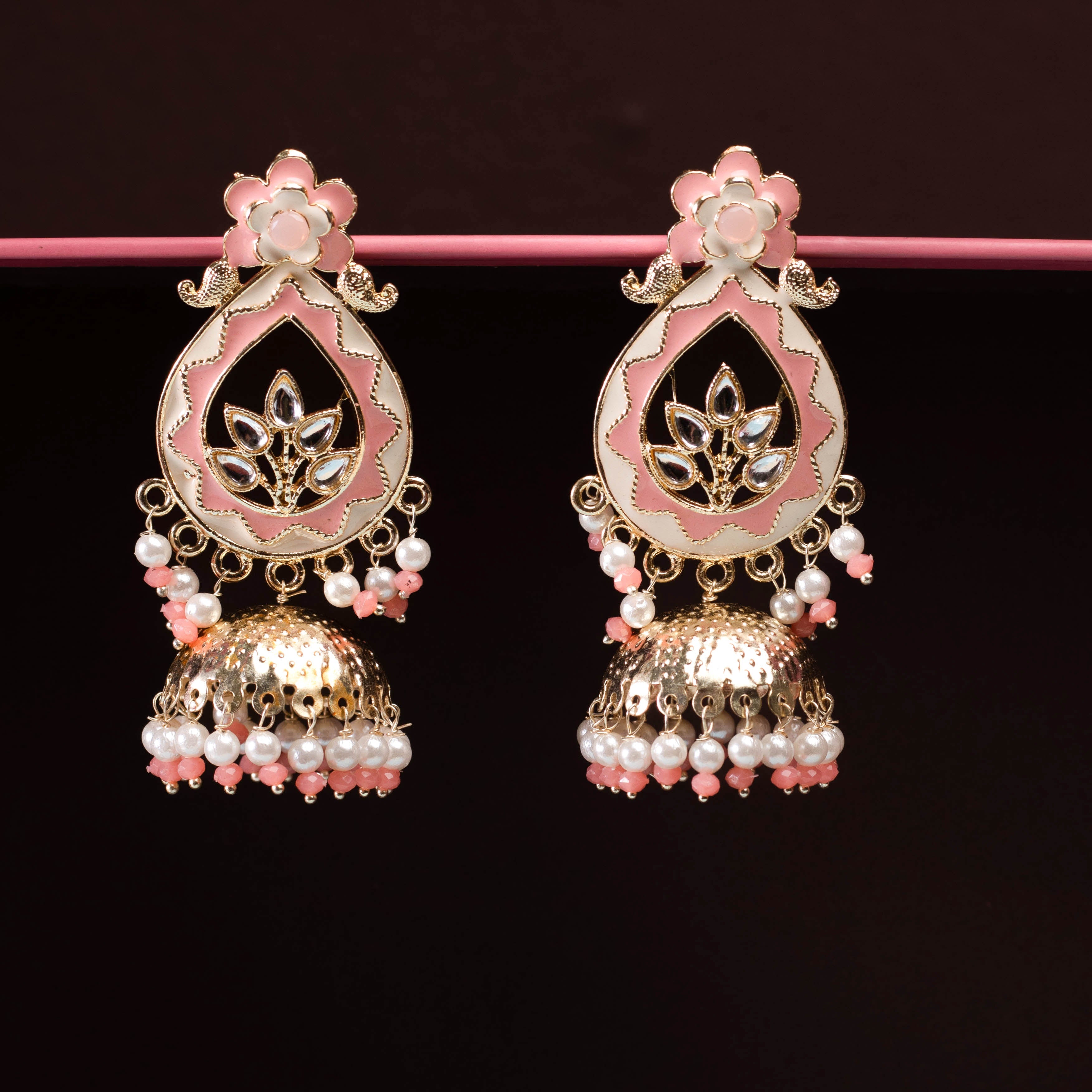 Meticulously Crafted Blush Pink and White Jhumka Earring For Women