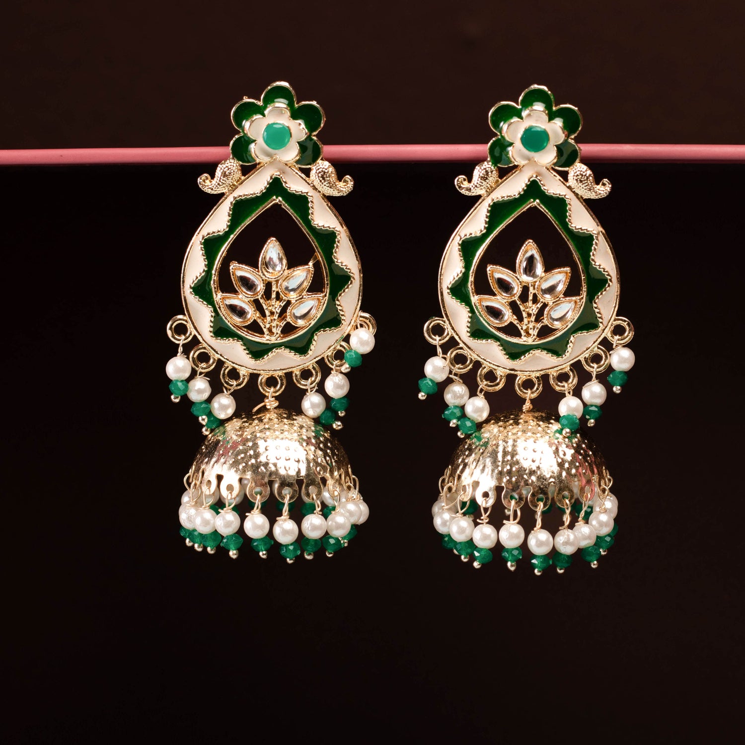 Elegantly Handcrafted Green and White Jhumka Earring For Women