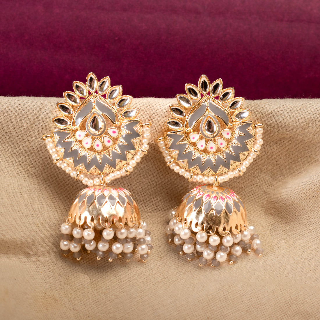 Charming Golden and Grey Kundan Jhumka Earring For Women