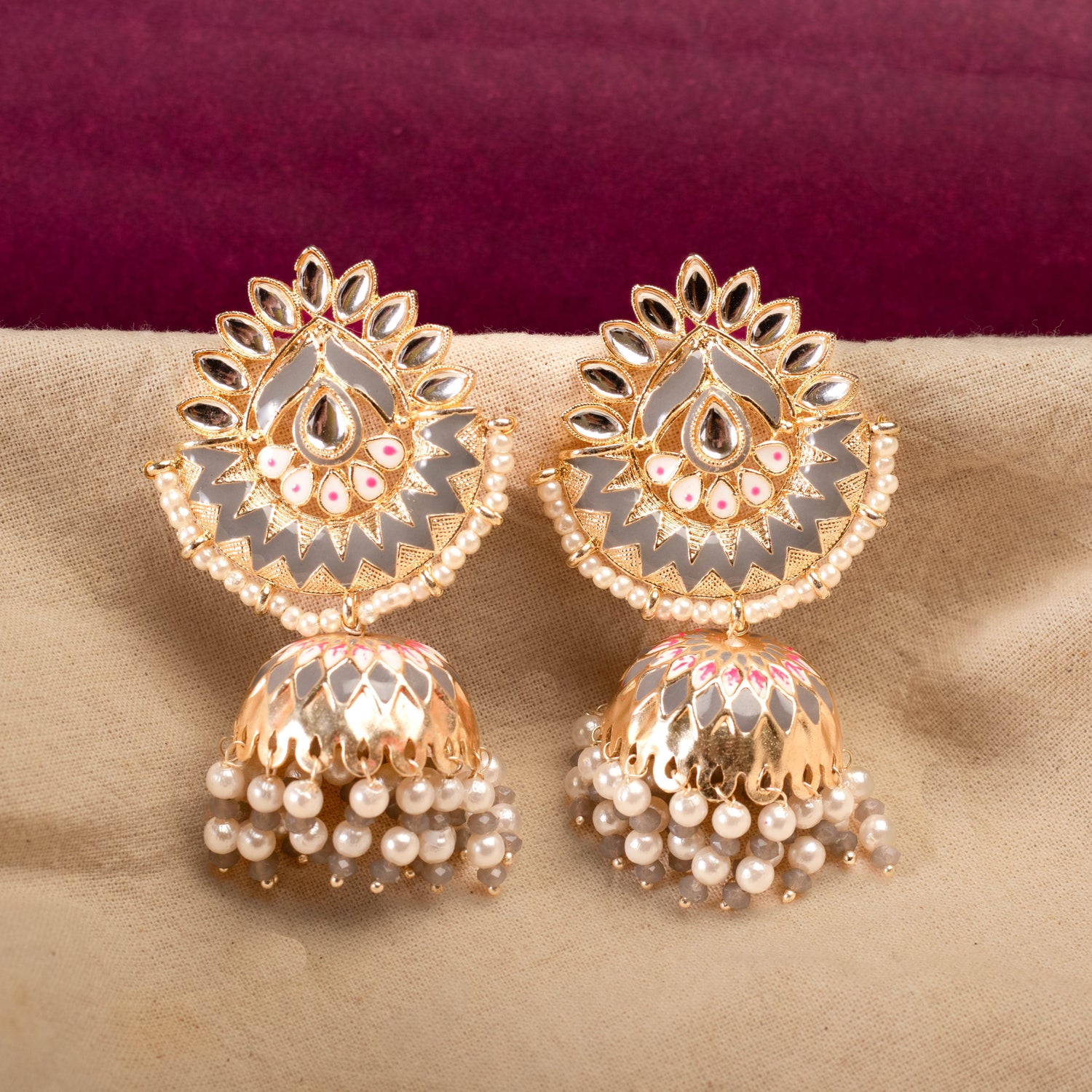 Charming Golden and Grey Kundan Jhumka Earring For Women