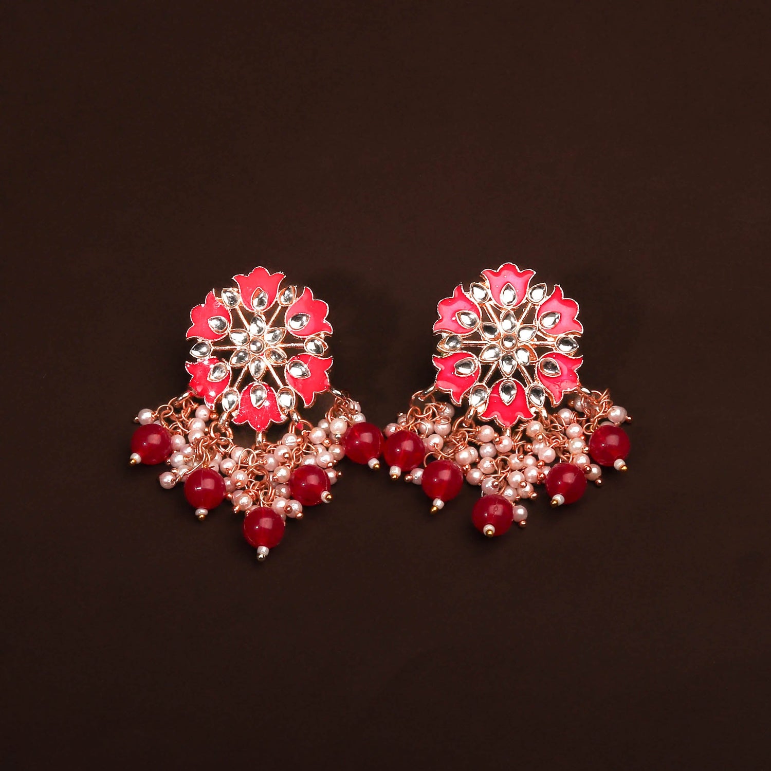 Gorgerous Pink Floral Earring With Hanging Pearls and Beads Earring For Women