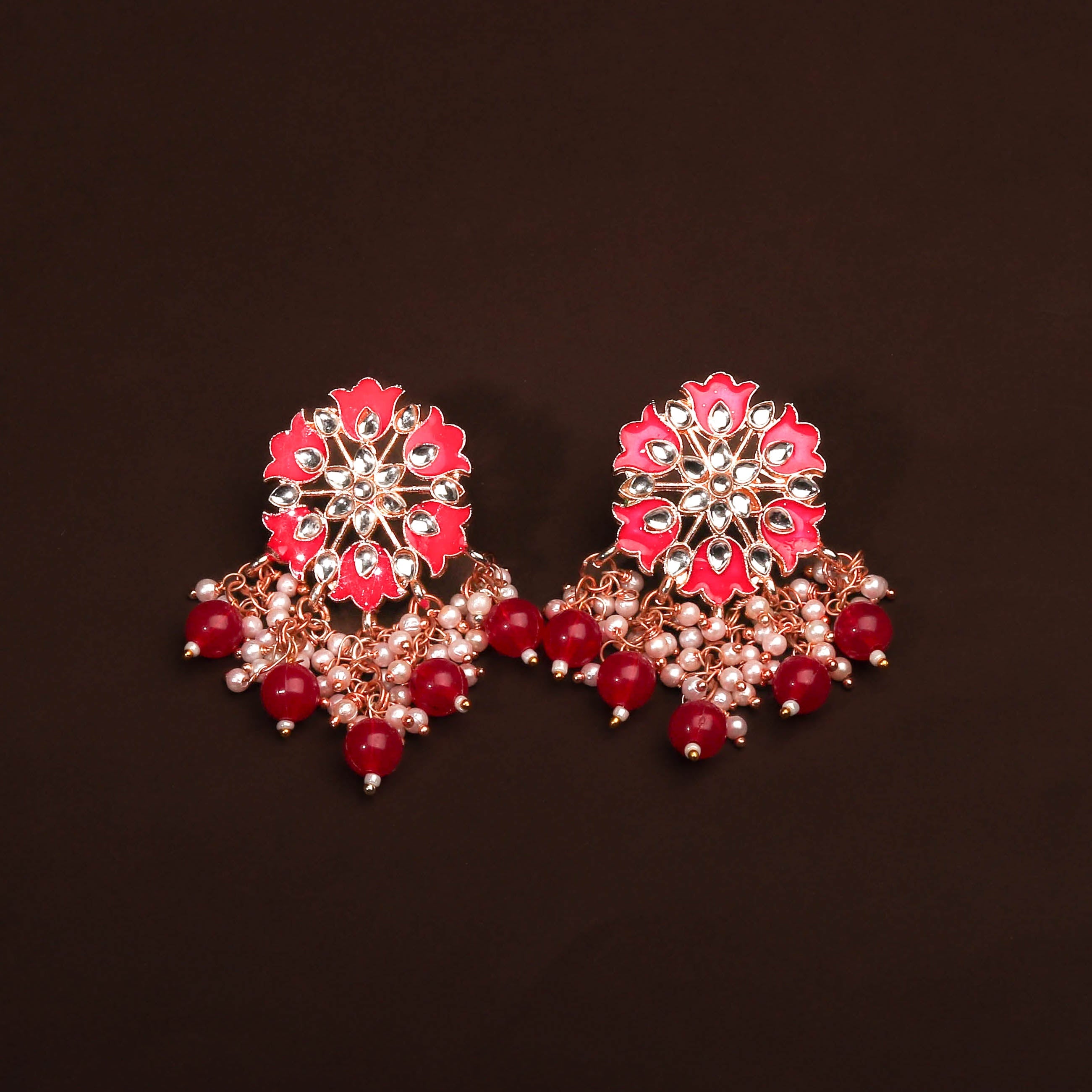 Gorgerous Pink Floral Earring With Hanging Pearls and Beads Earring For Women