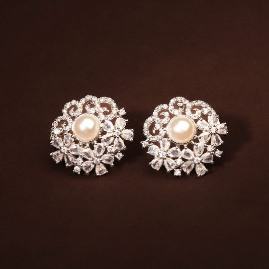 Luxurious Handcrafted White Floral CZ and Studded Pearl Earring For Women