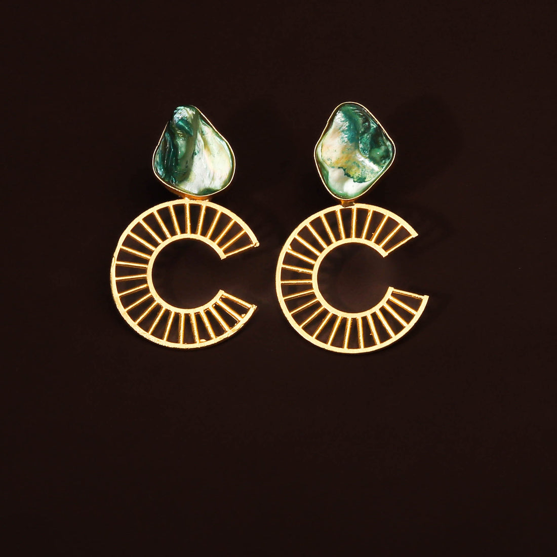 Golden Semi Circular Green Mother Of Pearl Earring For Women