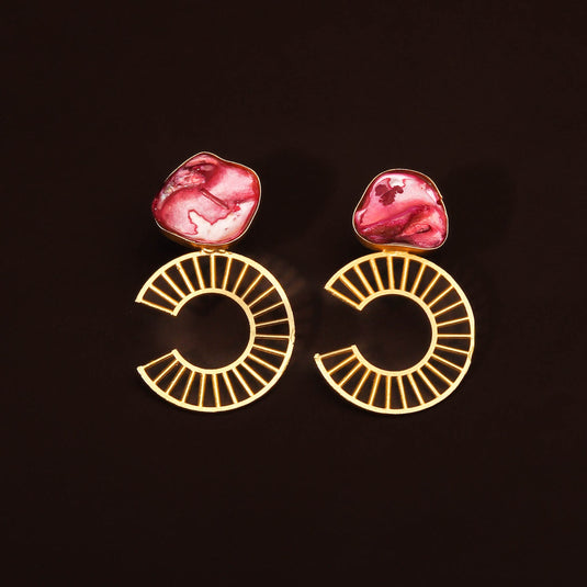 Gold Plated Semi Circular Pink Mother Of Pearl Earring For Women