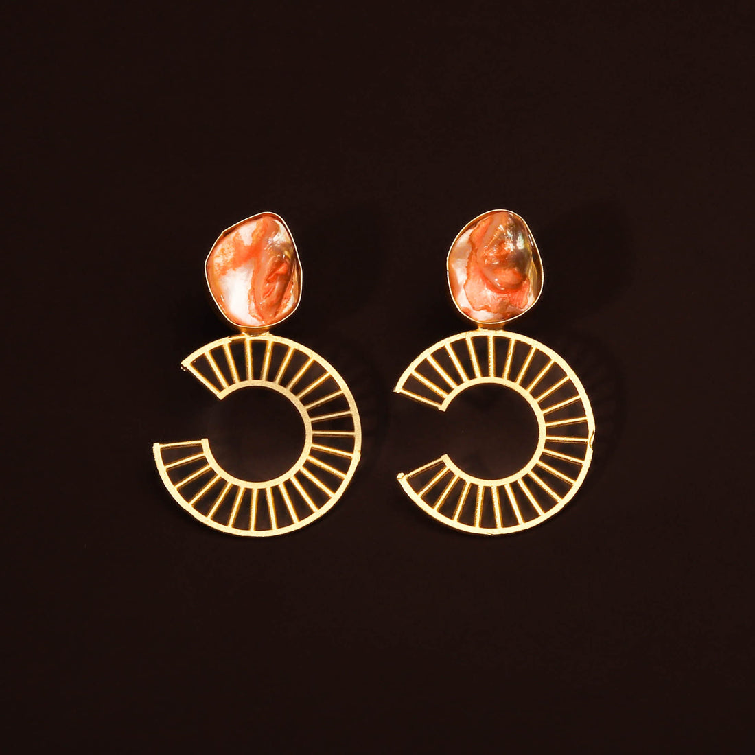 Golden Semi Circle Orange Mother Of Pearl Earring For Women