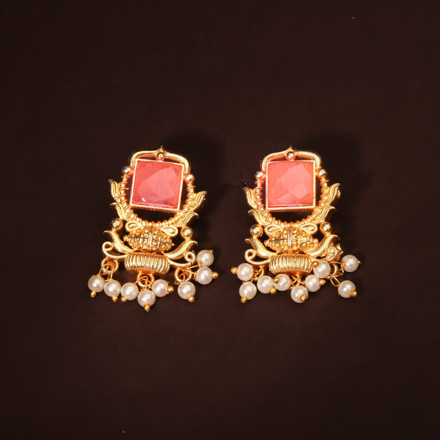 Gleaming Gold Plated Blush Pink Stone Earring For Women