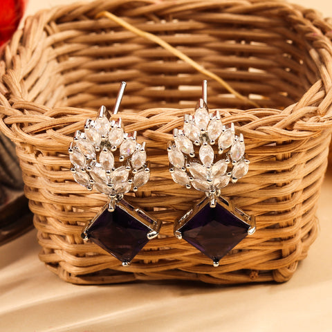 Luminous Rhodium Plated Violet CZ Drop Earring For Women