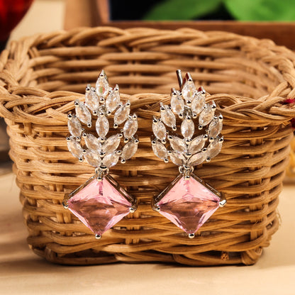 Precious Rhodium Plated Blush Pink Drop Earring For Women