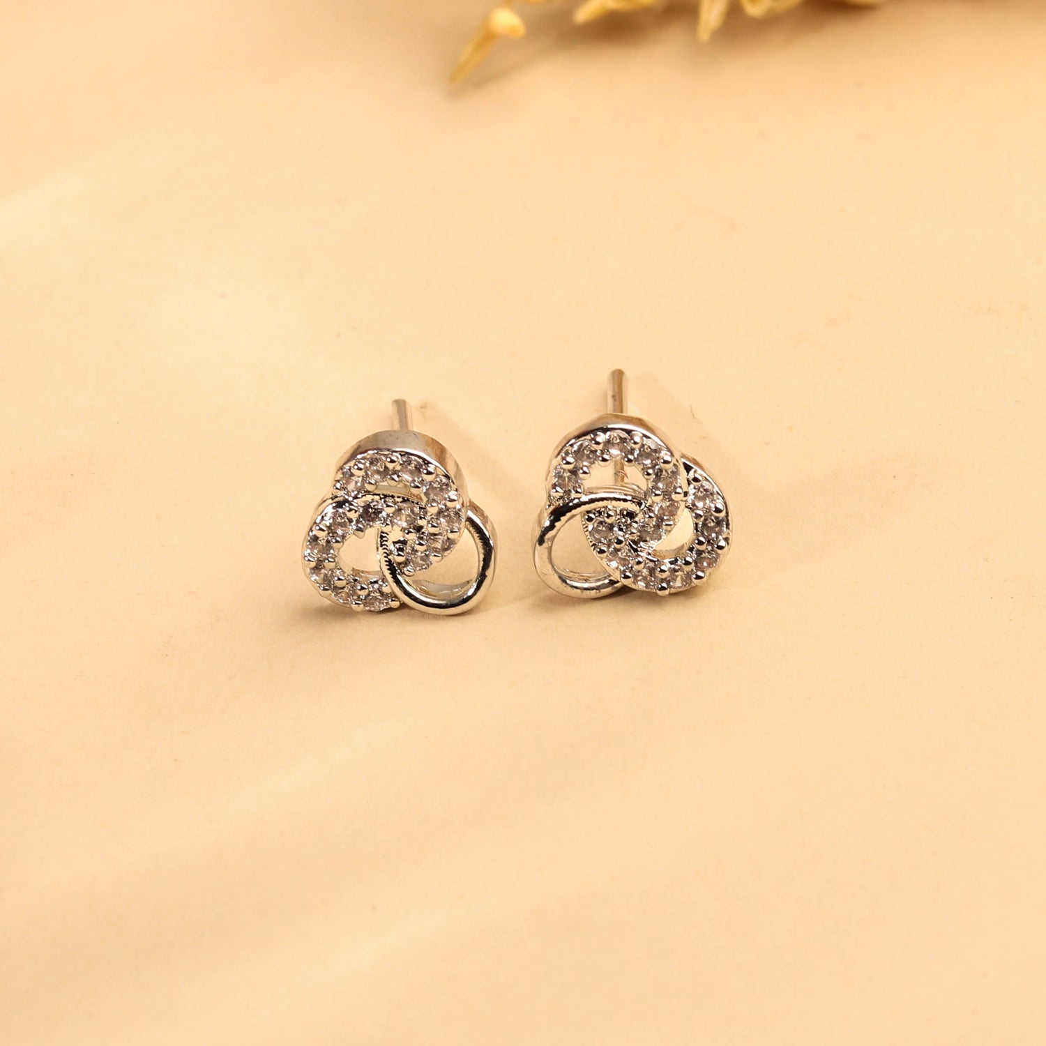 Elegant Rhodium Plated Tri Loop CZ Stud Earring For Women