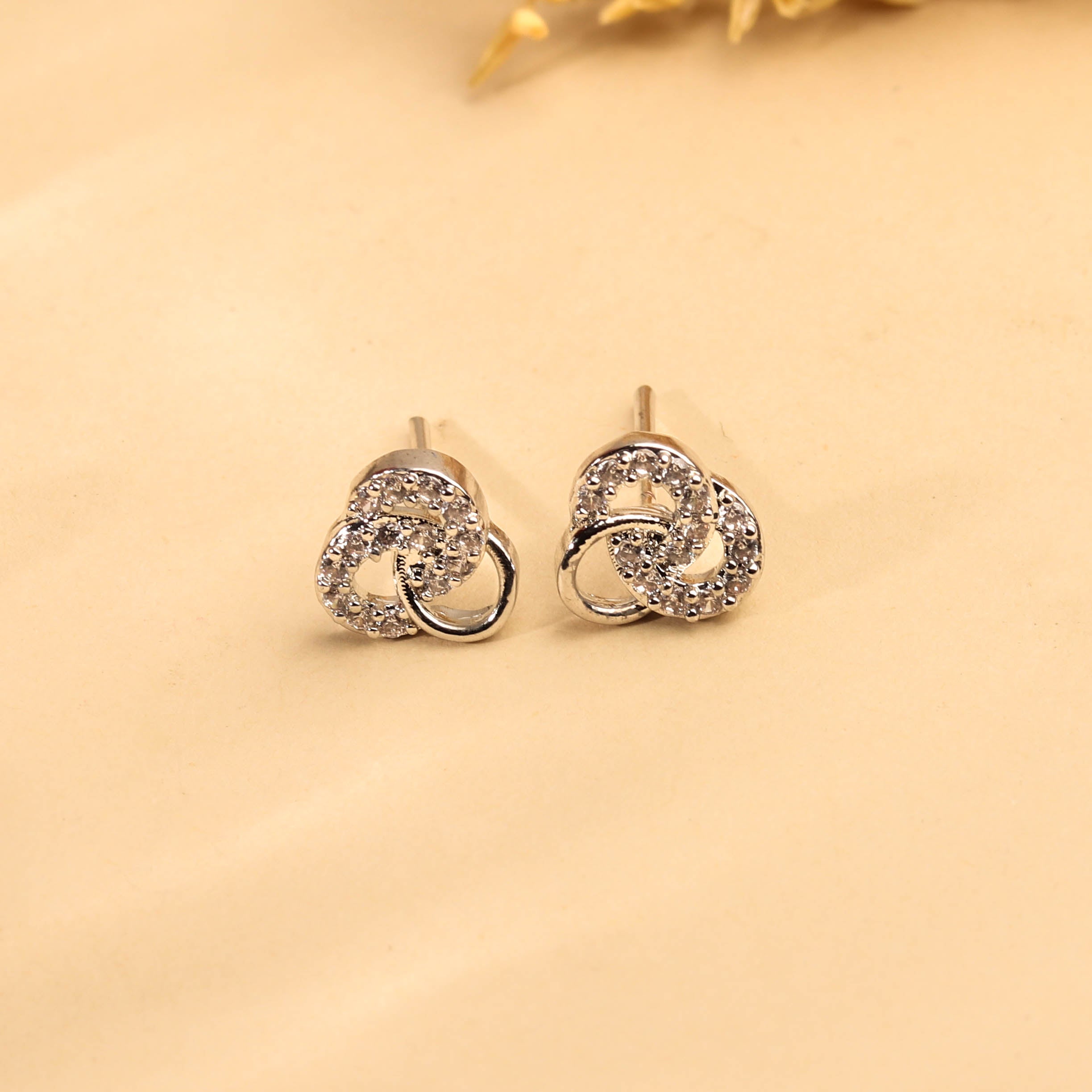 Elegant Rhodium Plated Tri Loop CZ Stud Earring For Women