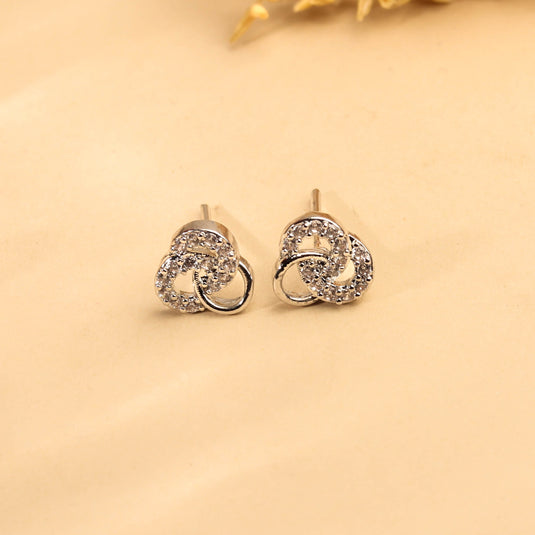 Elegant Rhodium Plated Tri Loop CZ Stud Earring For Women