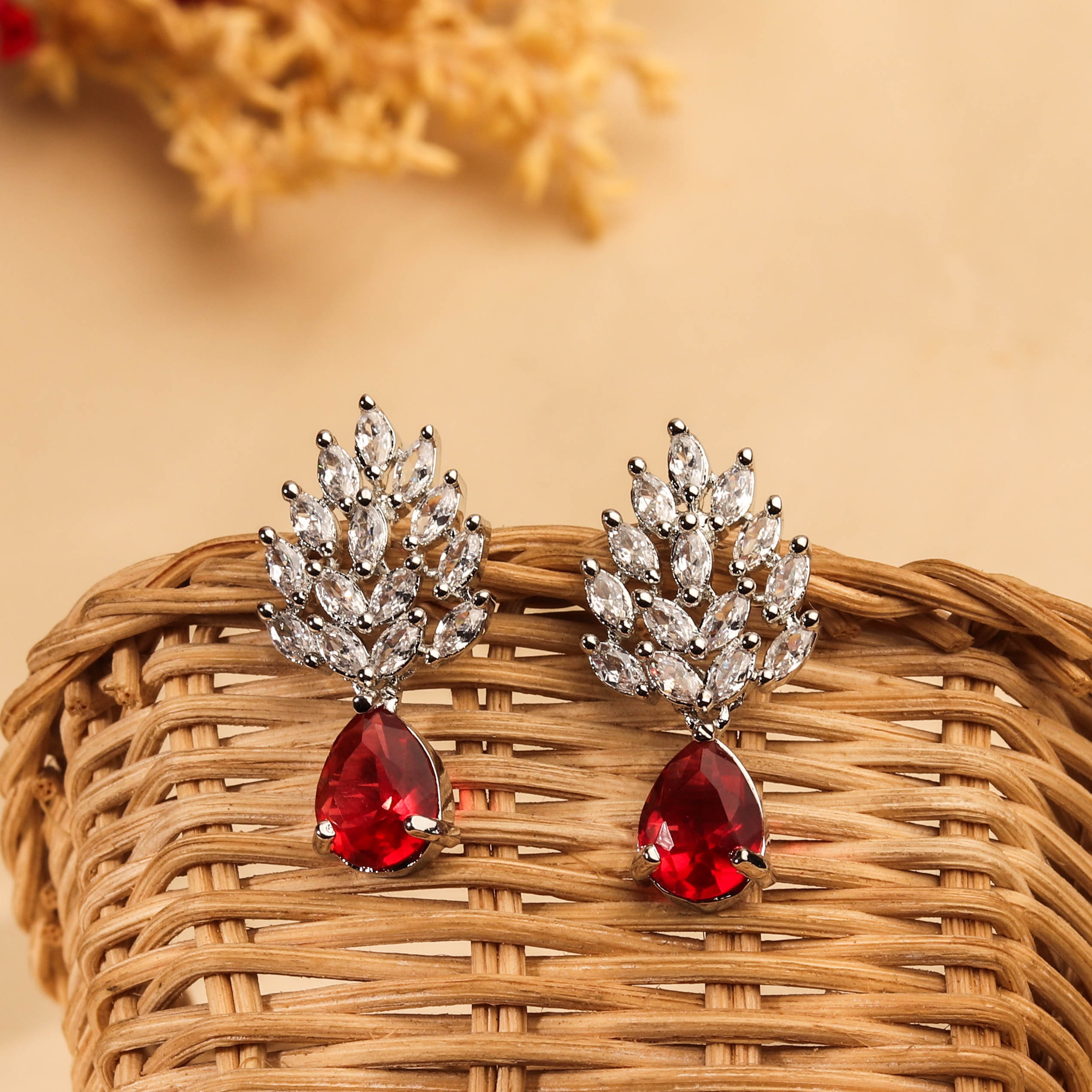 Sparkling Rhodium Plated Red and White CZ Teardrop Earring For Women