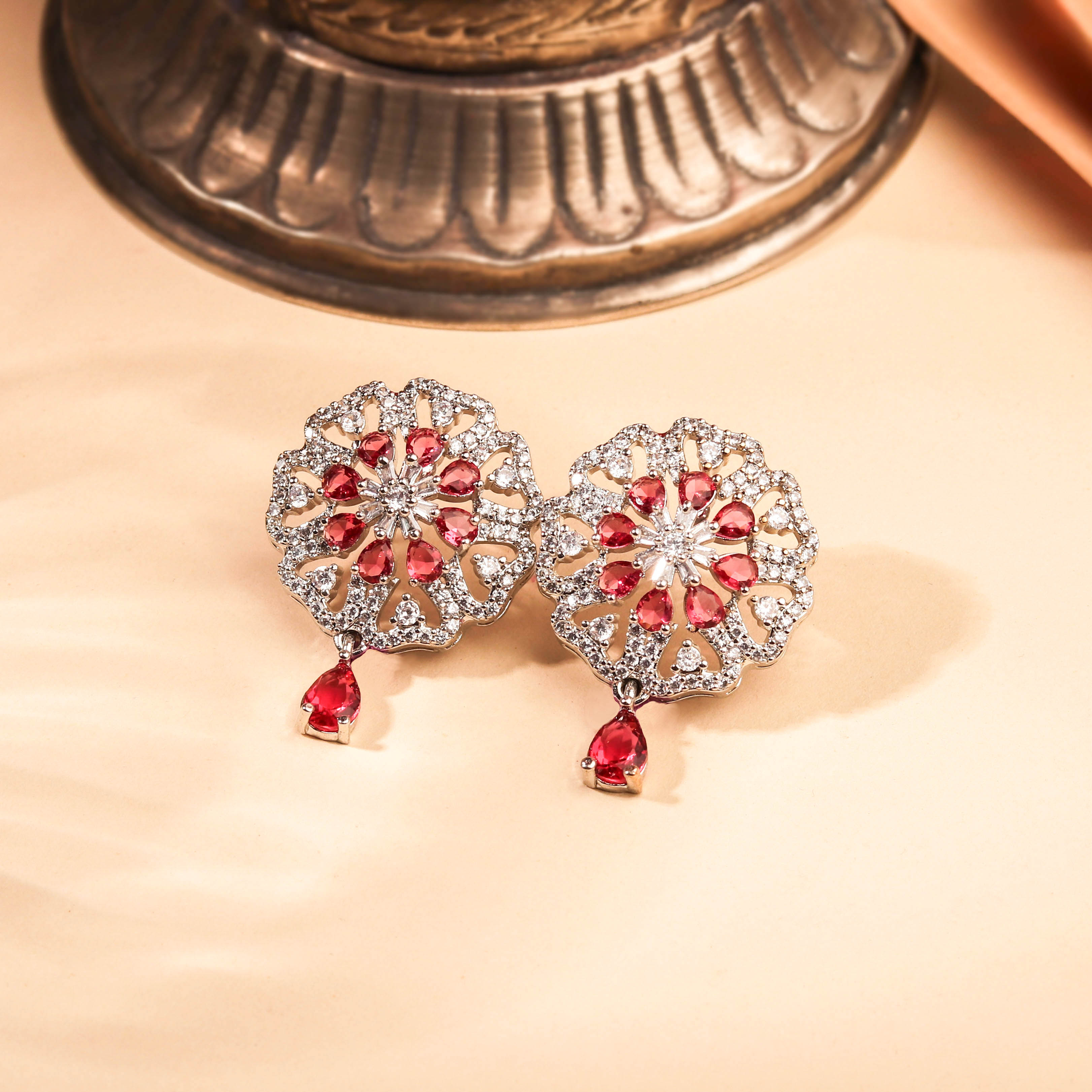 Contemporary Rhodium Plated Floral White and Ruby Red Zircon Stone Earring