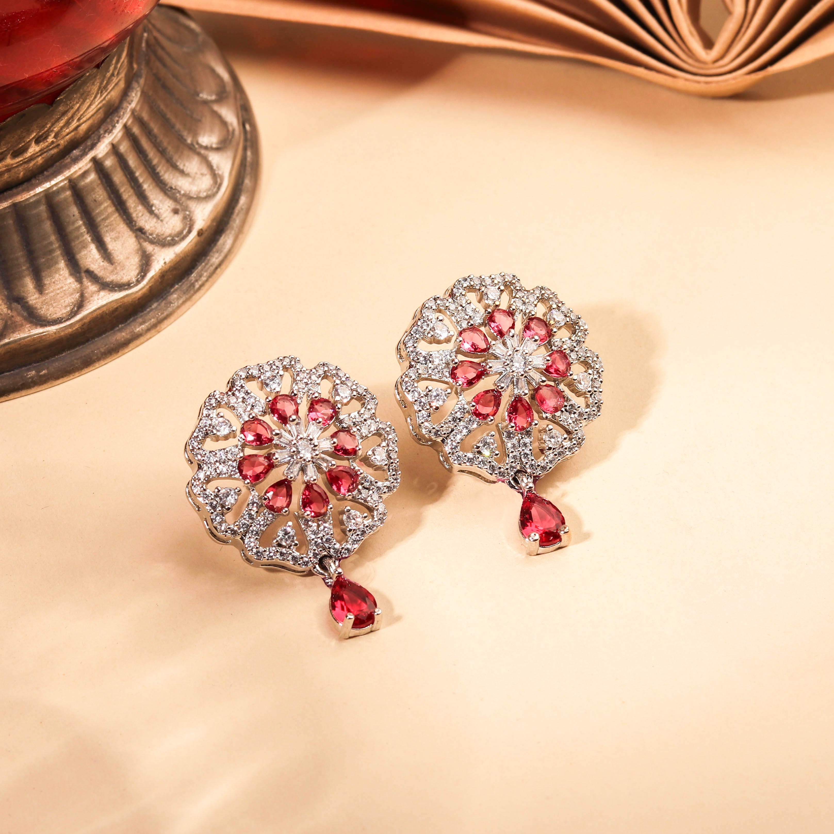 Contemporary Rhodium Plated Floral White and Ruby Red Zircon Stone Earring