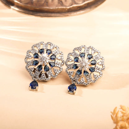 Luxurious Rhodium Plated Floral Inspired Sapphire Blue and White Earring For Women