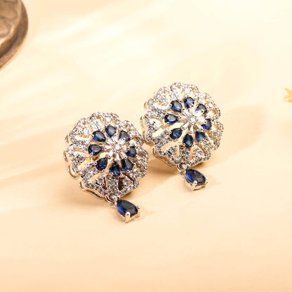 Luxurious Rhodium Plated Floral Inspired Sapphire Blue and White Earring For Women