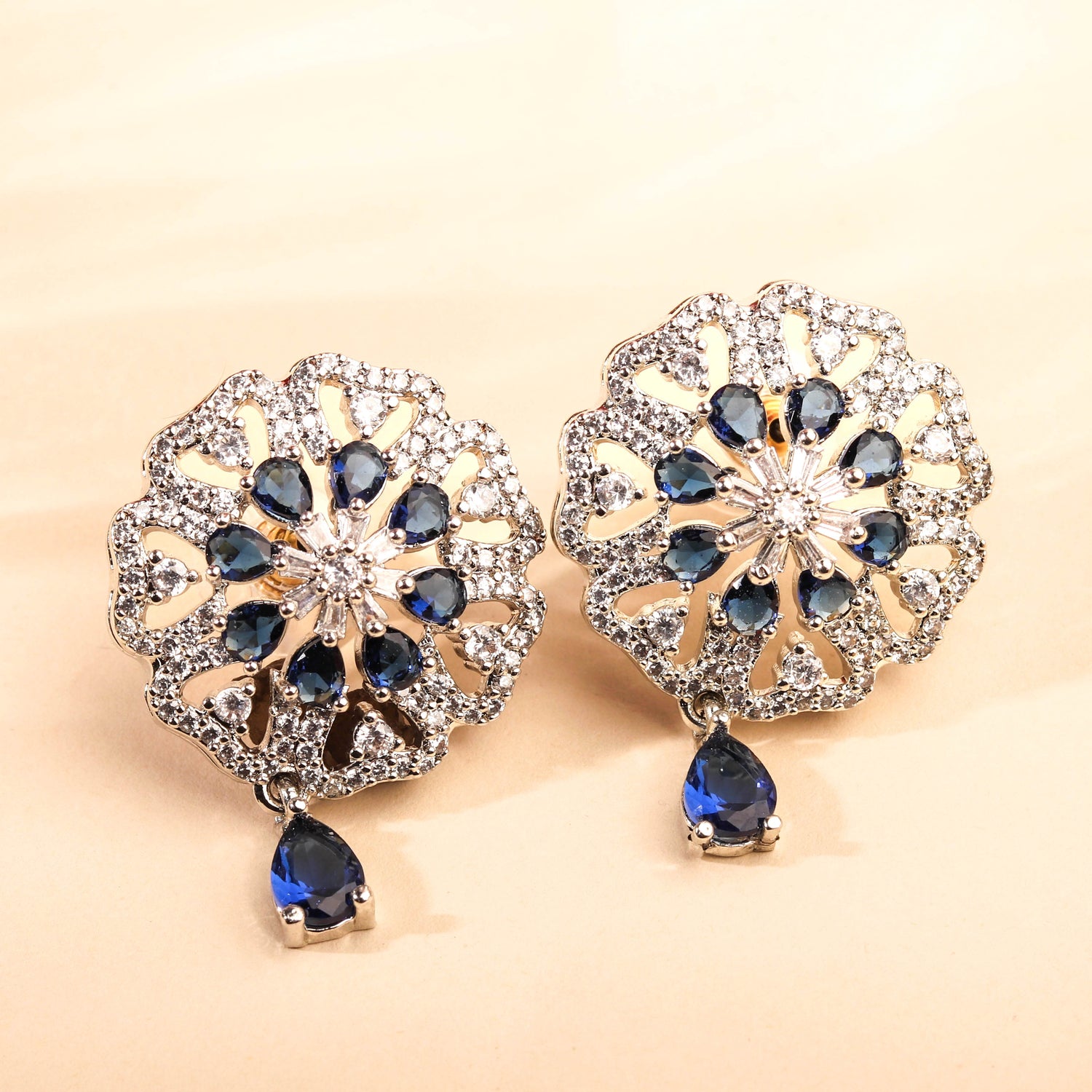 Luxurious Rhodium Plated Floral Inspired Sapphire Blue and White Earring For Women