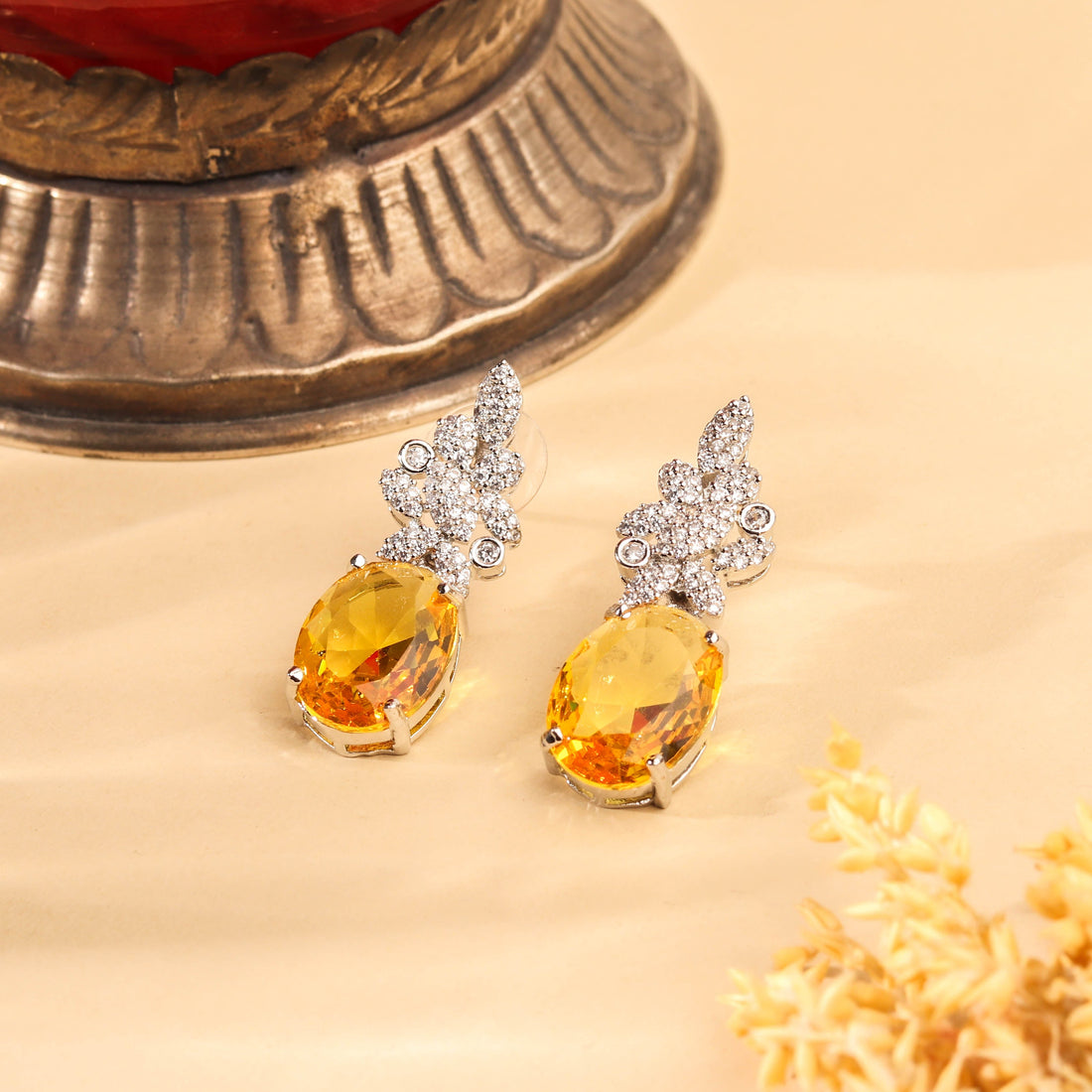 Luminous Rhodium Plated Yellow Earrings For Women