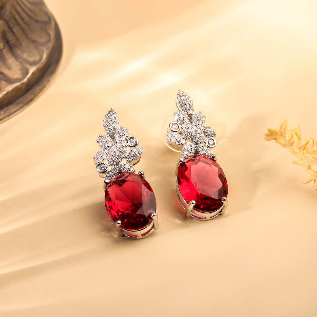 Dazzling Rhodium Plated Scarlet Red Earrings For Women