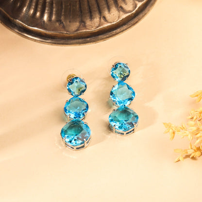 Exotic Rhodium Plated Aqua Blue Zircon Drop Earrings For Women