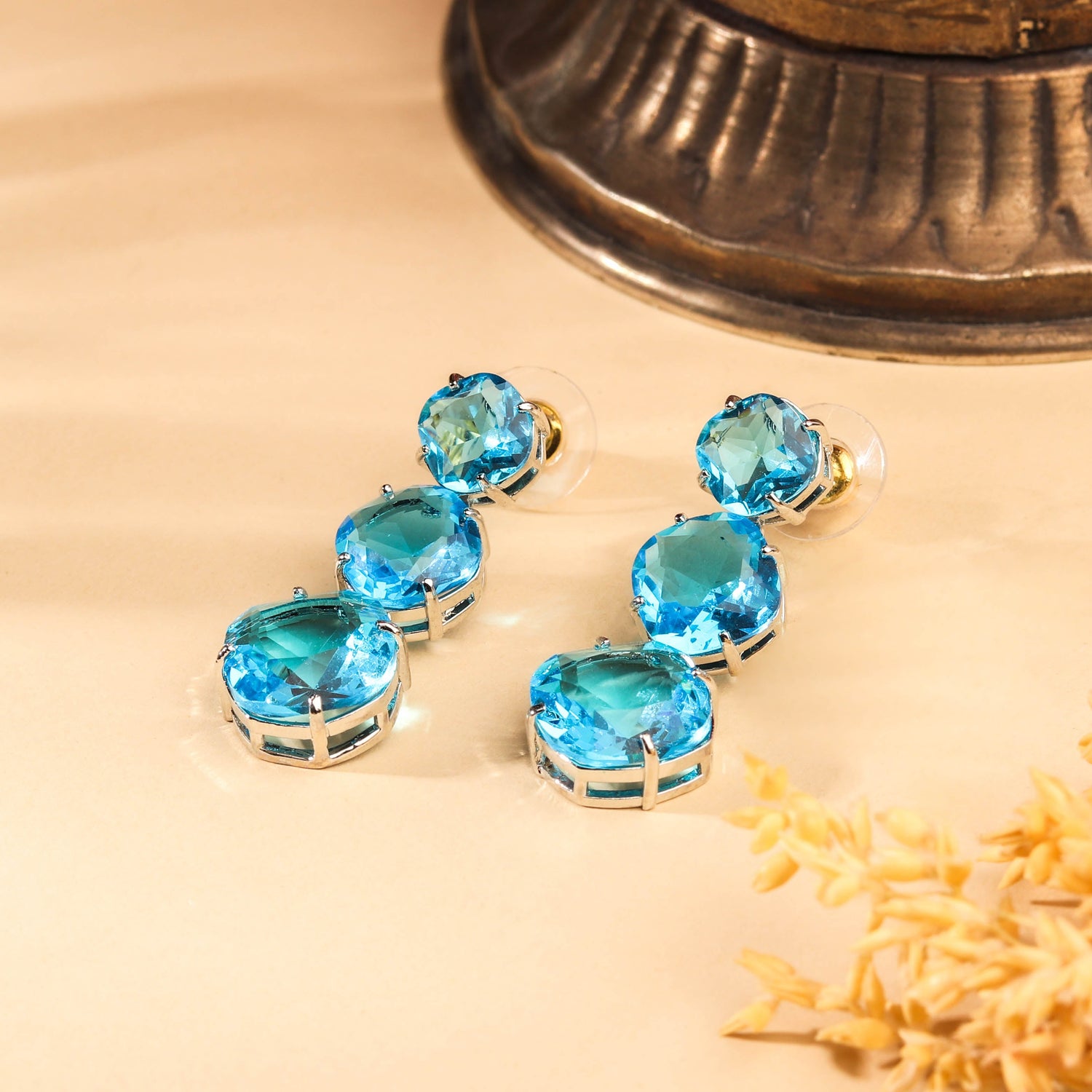 Exotic Rhodium Plated Aqua Blue Zircon Drop Earrings For Women