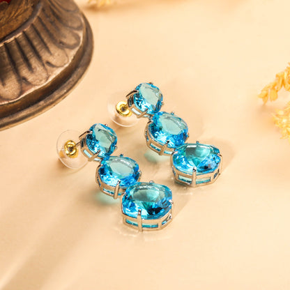 Exotic Rhodium Plated Aqua Blue Zircon Drop Earrings For Women