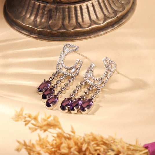 Mystical Rhodium Plated Lavender and White Zircon Earring For Women