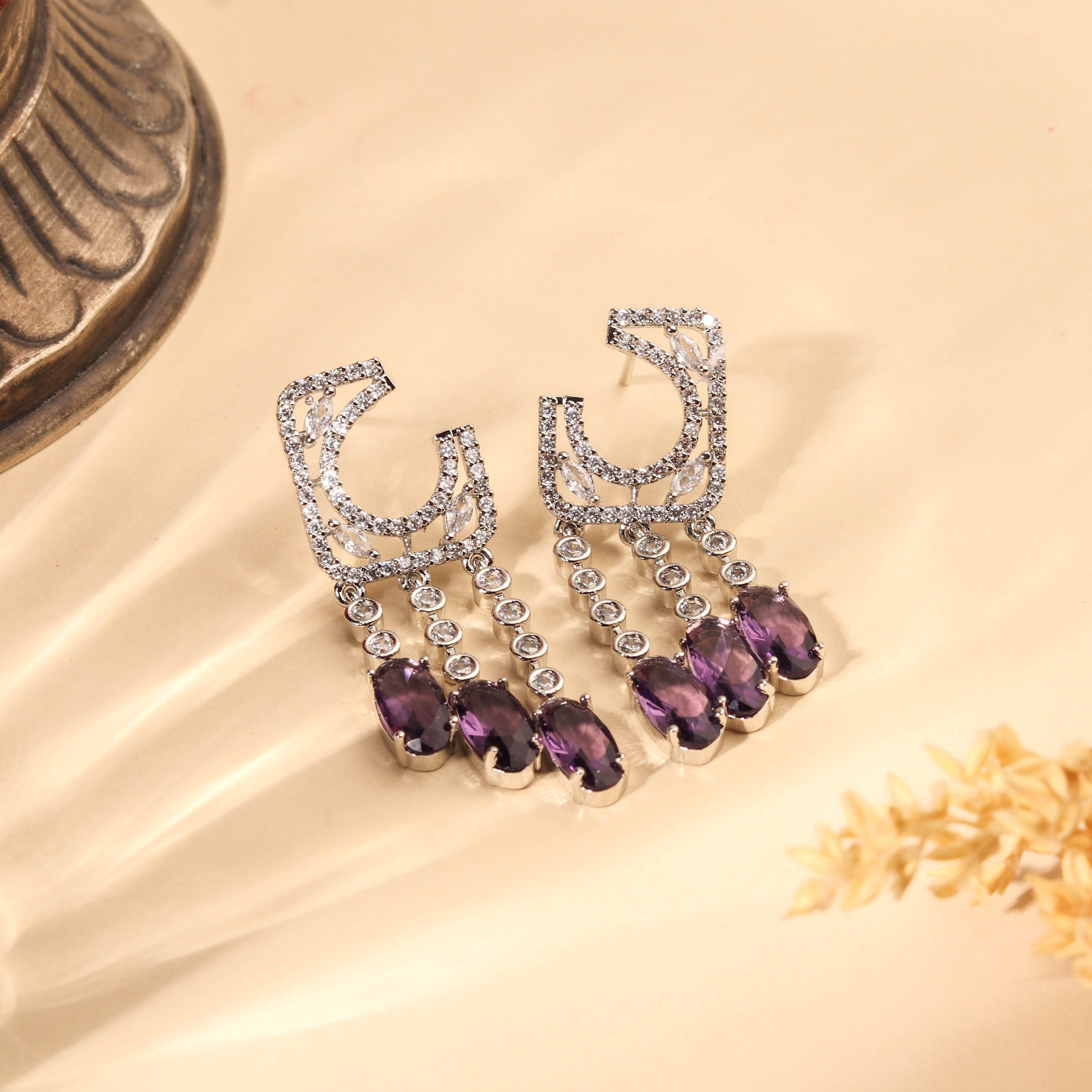 Mystical Rhodium Plated Lavender and White Zircon Earring For Women