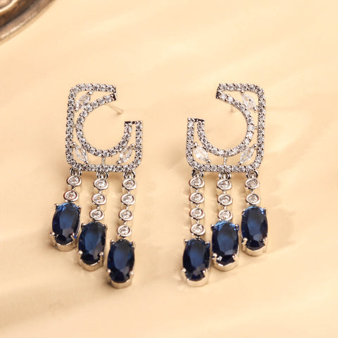 Radiant Rhodium Plated Sapphire Blue and White Zircon Earring For Women