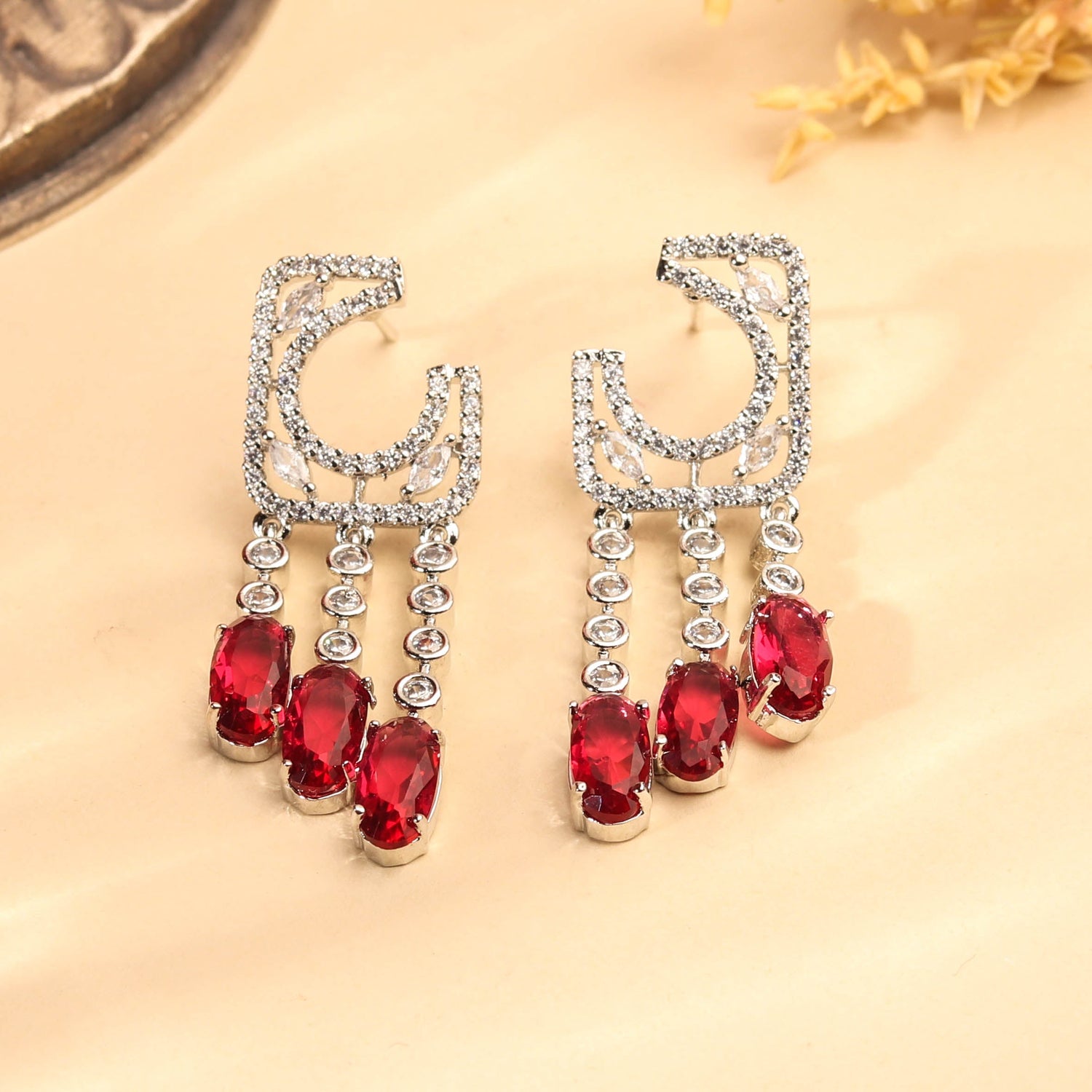 Stylish Rhodium Plated Ruby Red and White Zircon Earring For Women