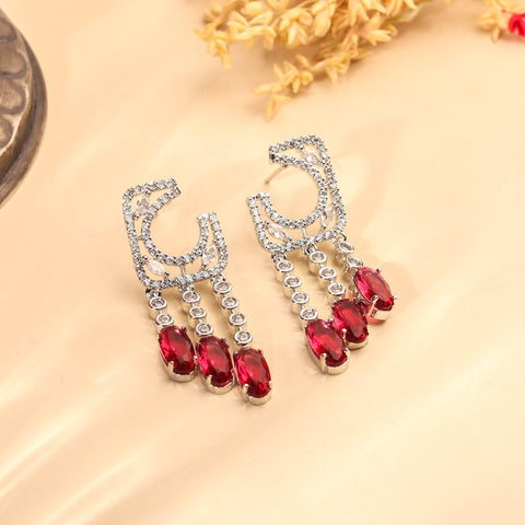 Stylish Rhodium Plated Ruby Red and White Zircon Earring For Women