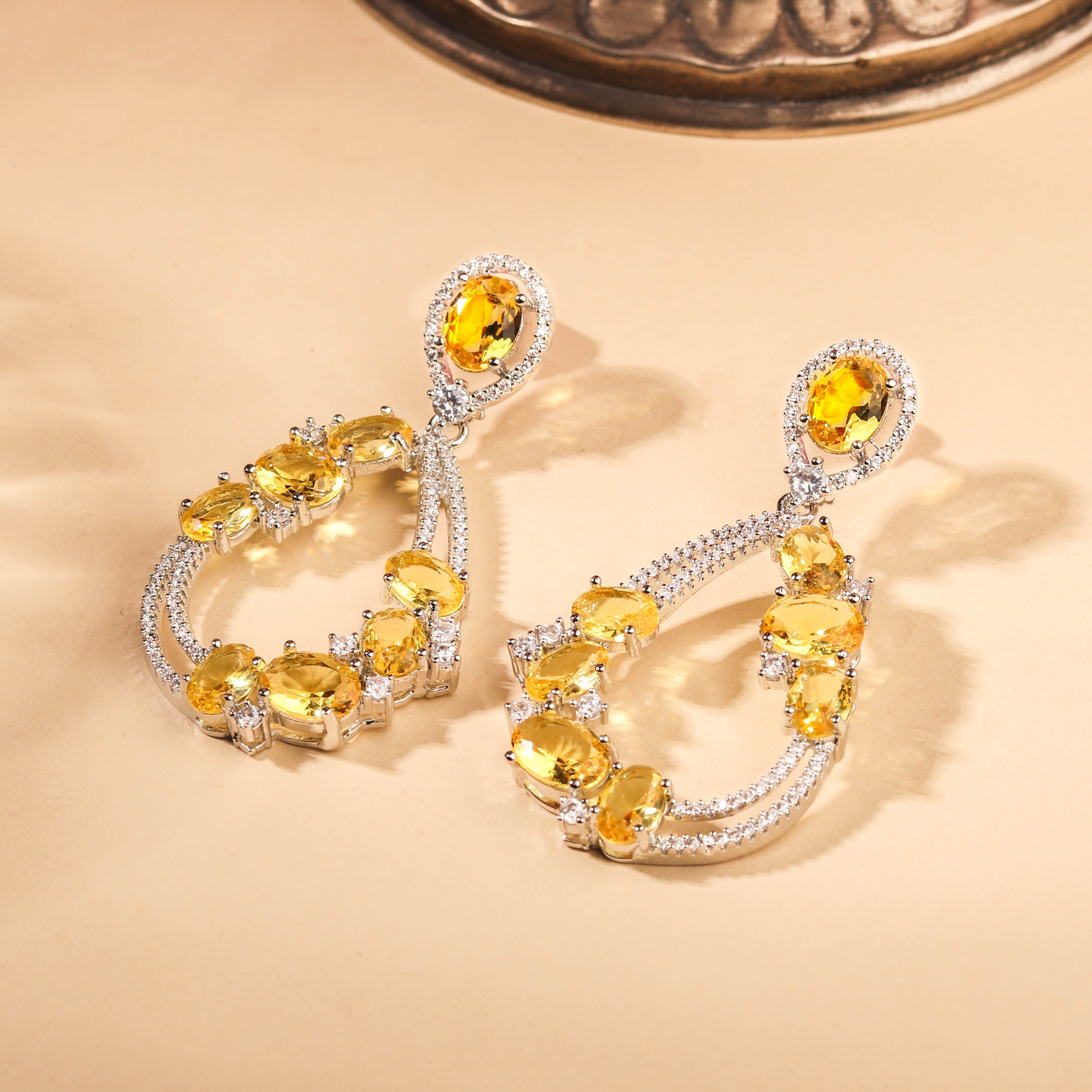 Contemporary Rhodium Plated Yellow and White Zircon Earring For Women