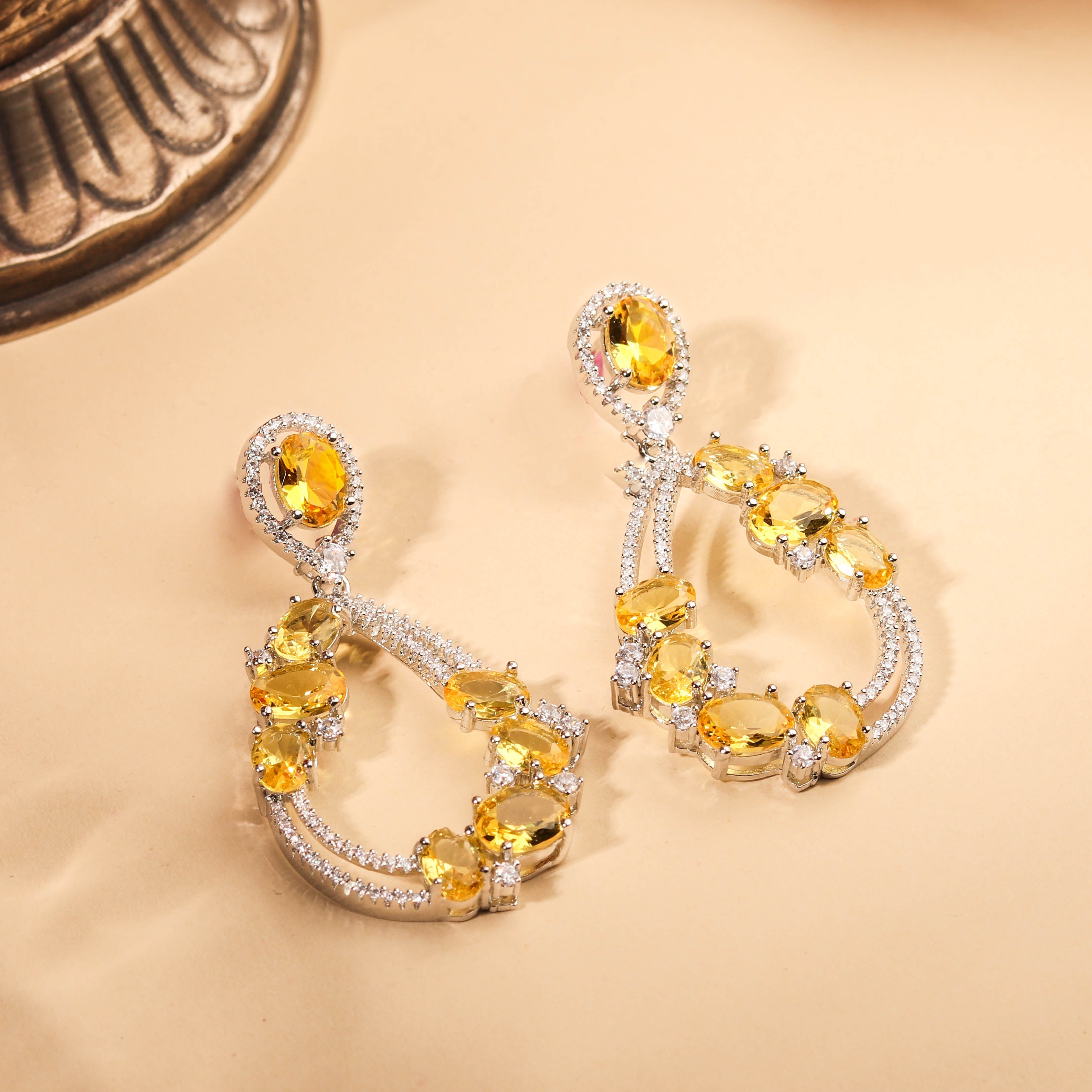 Contemporary Rhodium Plated Yellow and White Zircon Earring For Women