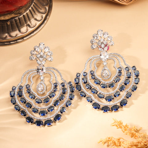 Glamorous Rhodium Plated Sapphire Blue and White Statement Earring For Women