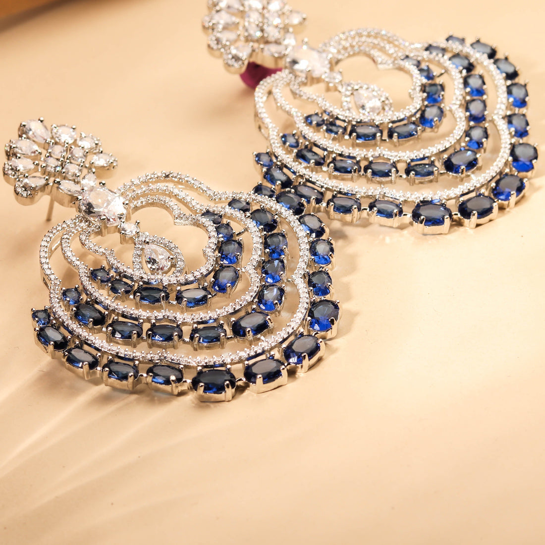 Glamorous Rhodium Plated Sapphire Blue and White Statement Earring For Women